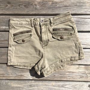 Bullhead Denim Super High Rise Shorty Olive Khaki Stretch Shorts Zip Pocket